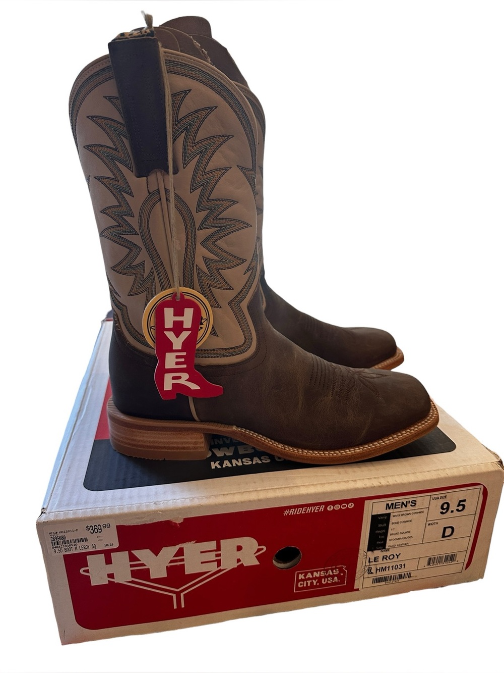 NWT Hyer Le Roy HM11031 Ranch Cowboy Boots Men’s 9.5D Brown Bone Square Toe $369